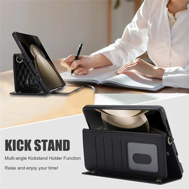 ZD 028 For Samsung Galaxy Z Fold5 5G PC+PU Leather Flip Cover Shockproof Wallet Phone Case with Straps - Black