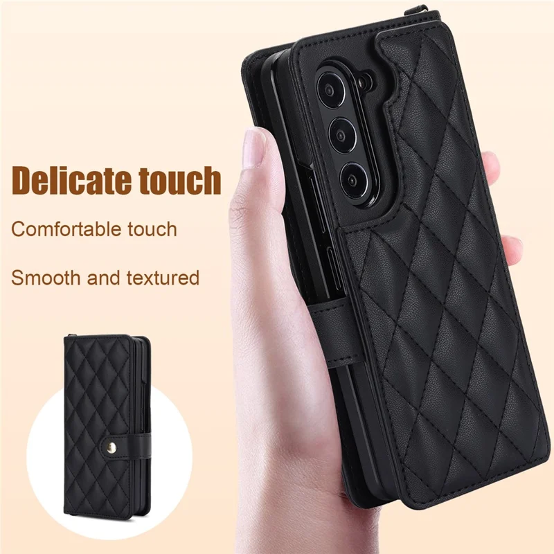 ZD 028 For Samsung Galaxy Z Fold5 5G PC+PU Leather Flip Cover Shockproof Wallet Phone Case with Straps - Black