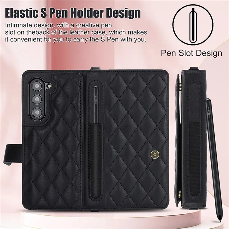 ZD 028 For Samsung Galaxy Z Fold5 5G PC+PU Leather Flip Cover Shockproof Wallet Phone Case with Straps - Black