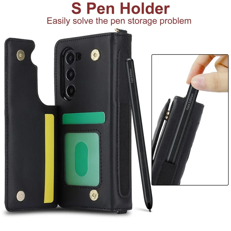 ZD 028 For Samsung Galaxy Z Fold5 5G PC+PU Leather Flip Cover Shockproof Wallet Phone Case with Straps - Black