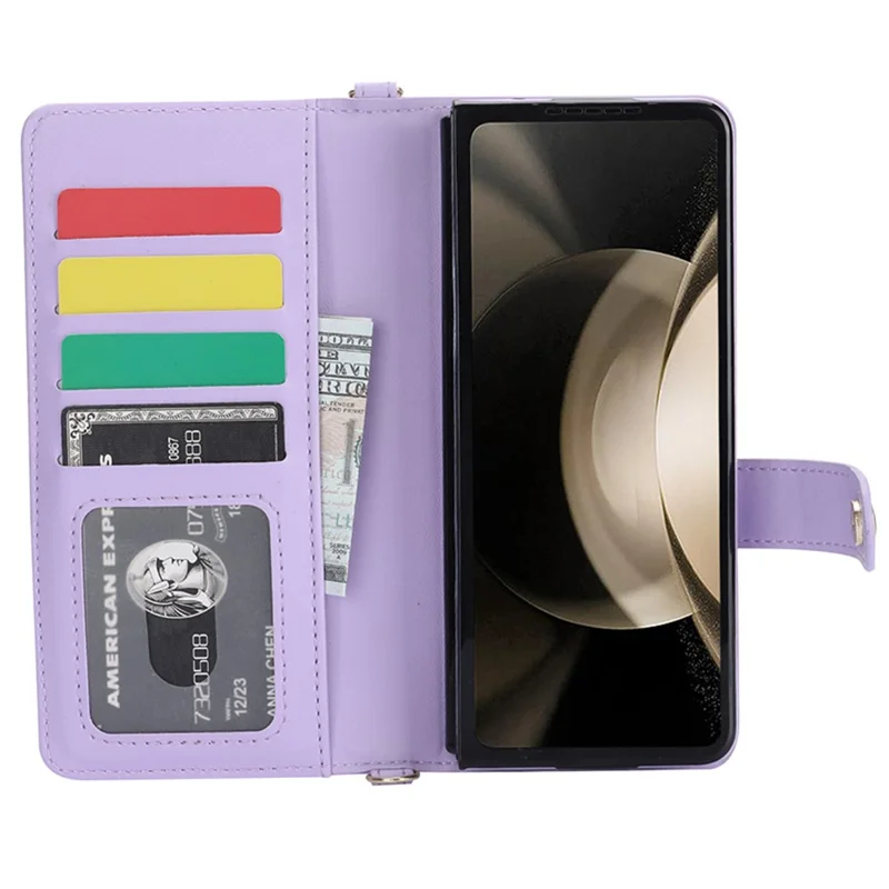 For Samsung Galaxy Z Fold5 5G PC+PU Leather Flip Cover Shockproof Wallet Phone Case with Straps - Purple