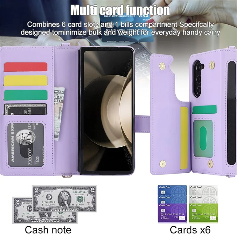 For Samsung Galaxy Z Fold5 5G PC+PU Leather Flip Cover Shockproof Wallet Phone Case with Straps - Purple