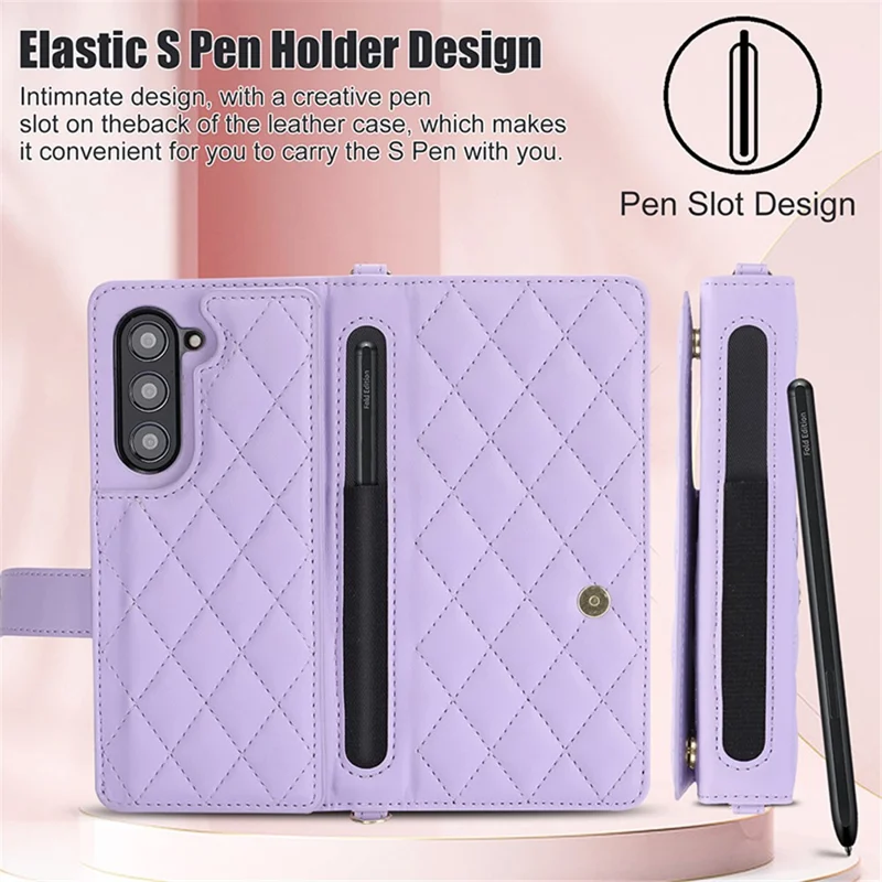 For Samsung Galaxy Z Fold5 5G PC+PU Leather Flip Cover Shockproof Wallet Phone Case with Straps - Purple