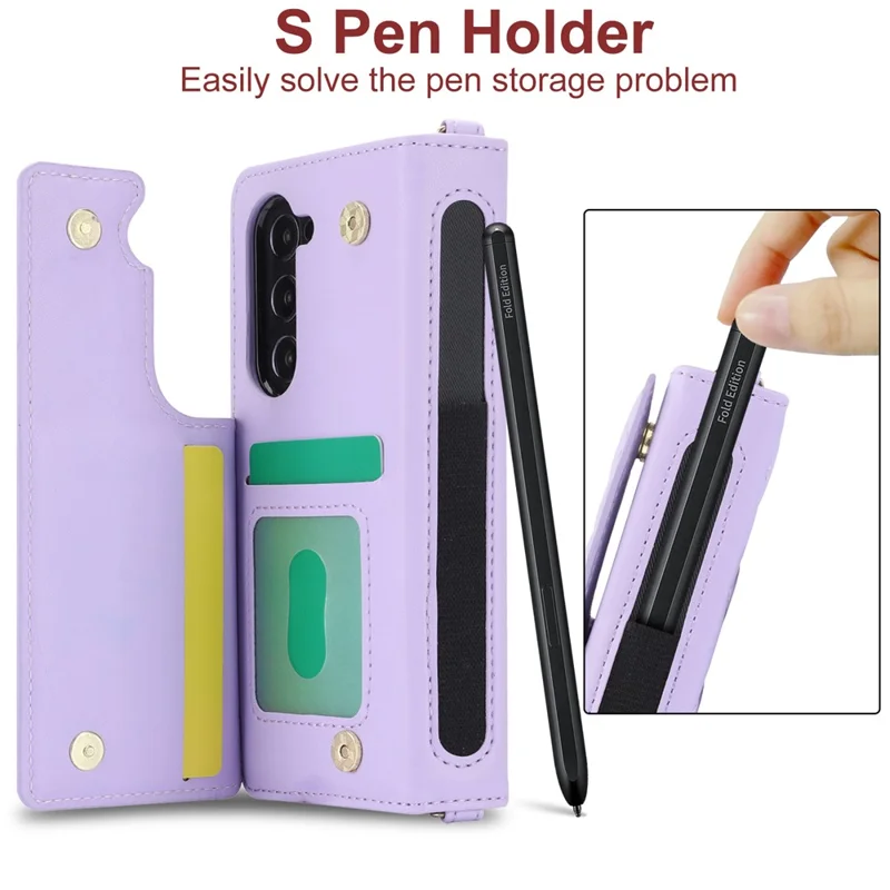 For Samsung Galaxy Z Fold5 5G PC+PU Leather Flip Cover Shockproof Wallet Phone Case with Straps - Purple