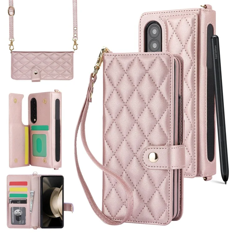 ZD 028 Shockproof Case for Samsung Galaxy Z Fold4 5G PC+PU Leather Wallet Phone Cover with Straps - Rose Gold