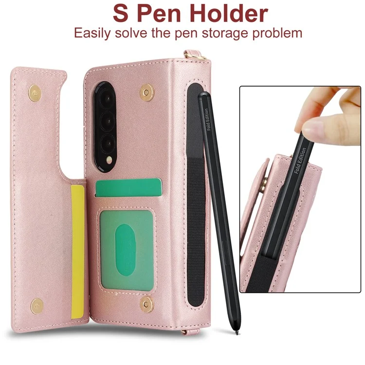 ZD 028 Shockproof Case for Samsung Galaxy Z Fold4 5G PC+PU Leather Wallet Phone Cover with Straps - Rose Gold