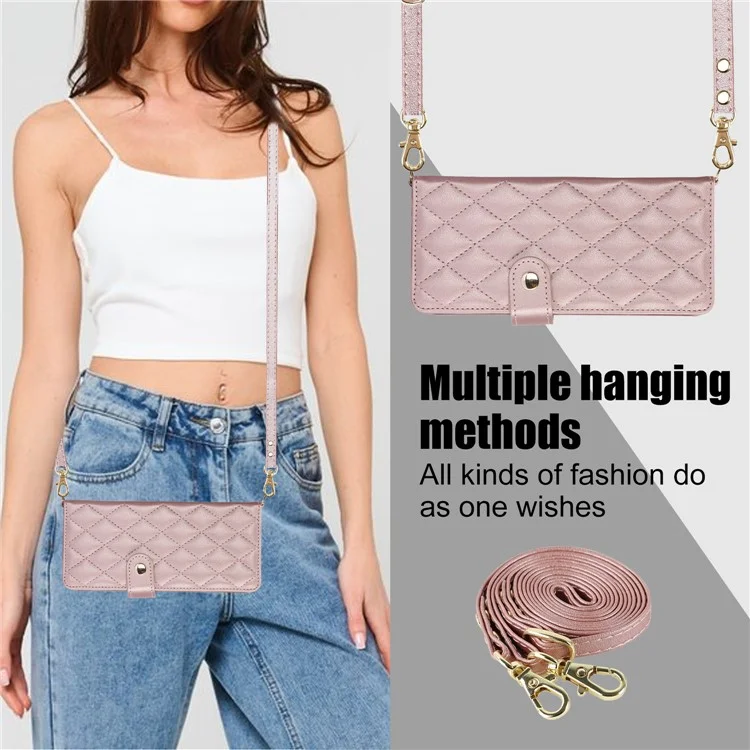 ZD 028 Shockproof Case for Samsung Galaxy Z Fold4 5G PC+PU Leather Wallet Phone Cover with Straps - Rose Gold
