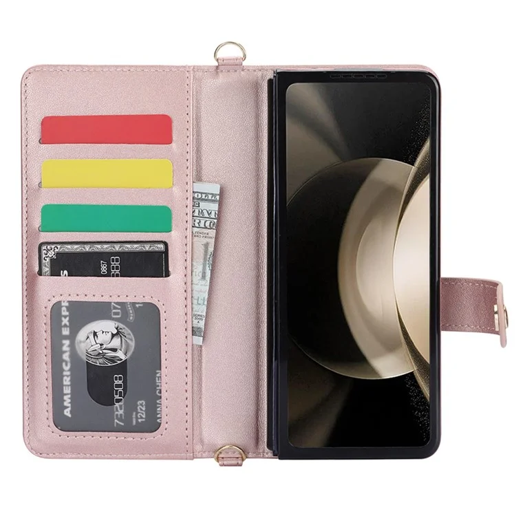 ZD 028 Shockproof Case for Samsung Galaxy Z Fold4 5G PC+PU Leather Wallet Phone Cover with Straps - Rose Gold