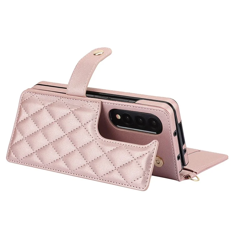 ZD 028 Shockproof Case for Samsung Galaxy Z Fold4 5G PC+PU Leather Wallet Phone Cover with Straps - Rose Gold