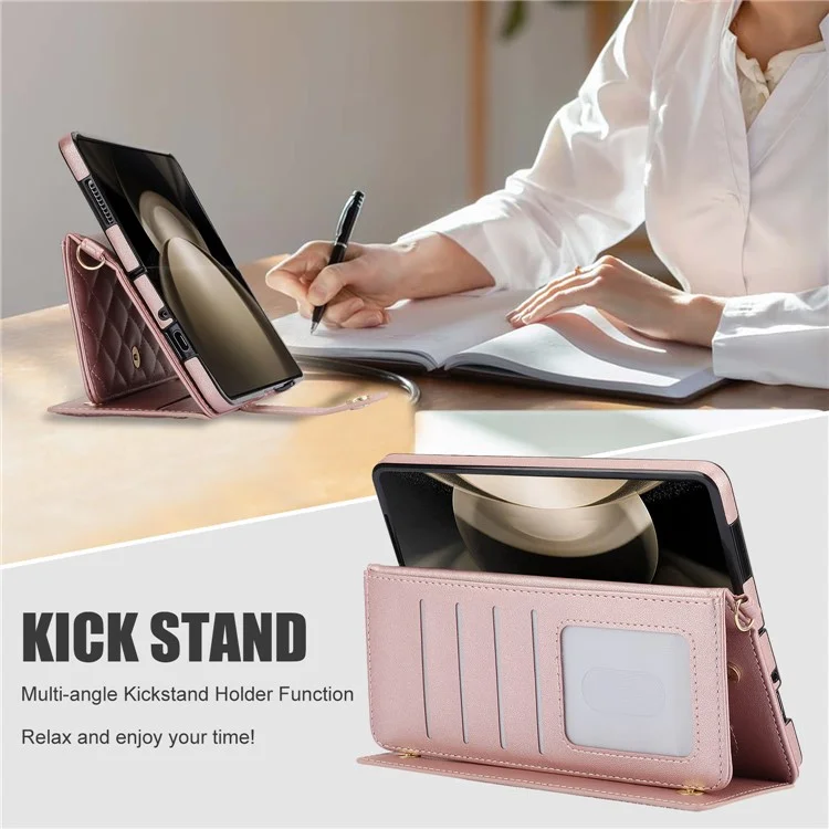 ZD 028 Shockproof Case for Samsung Galaxy Z Fold4 5G PC+PU Leather Wallet Phone Cover with Straps - Rose Gold