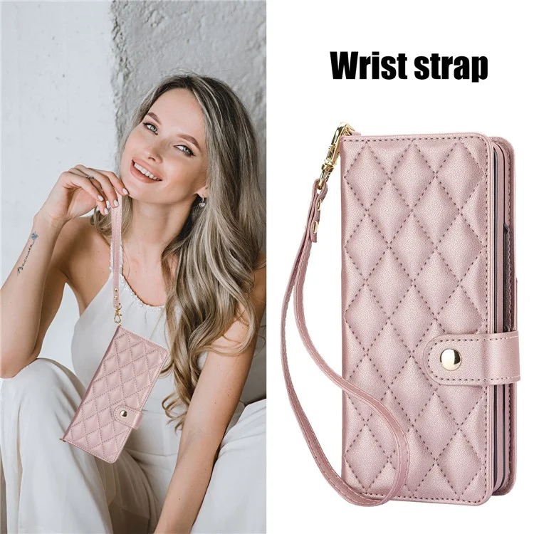 ZD 028 Shockproof Case for Samsung Galaxy Z Fold4 5G PC+PU Leather Wallet Phone Cover with Straps - Rose Gold