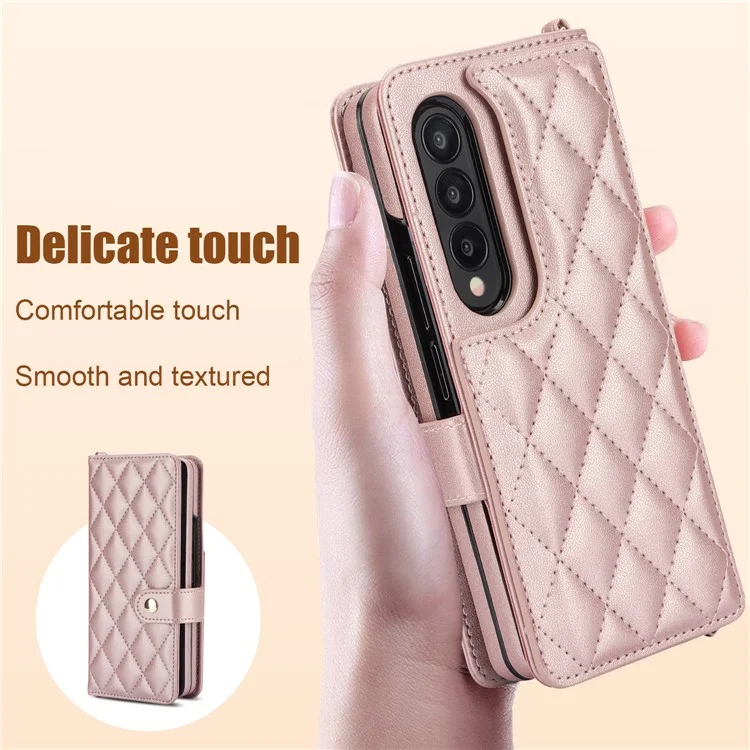 ZD 028 Shockproof Case for Samsung Galaxy Z Fold4 5G PC+PU Leather Wallet Phone Cover with Straps - Rose Gold