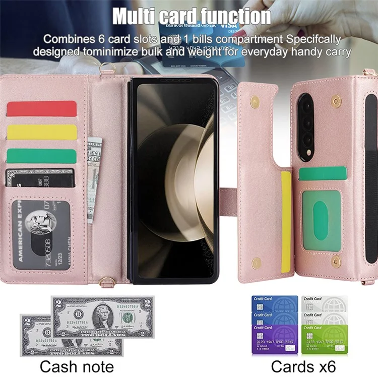 ZD 028 Shockproof Case for Samsung Galaxy Z Fold4 5G PC+PU Leather Wallet Phone Cover with Straps - Rose Gold