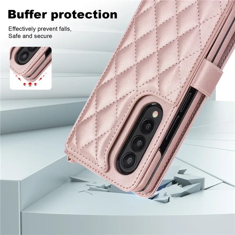 ZD 028 Shockproof Case for Samsung Galaxy Z Fold4 5G PC+PU Leather Wallet Phone Cover with Straps - Rose Gold