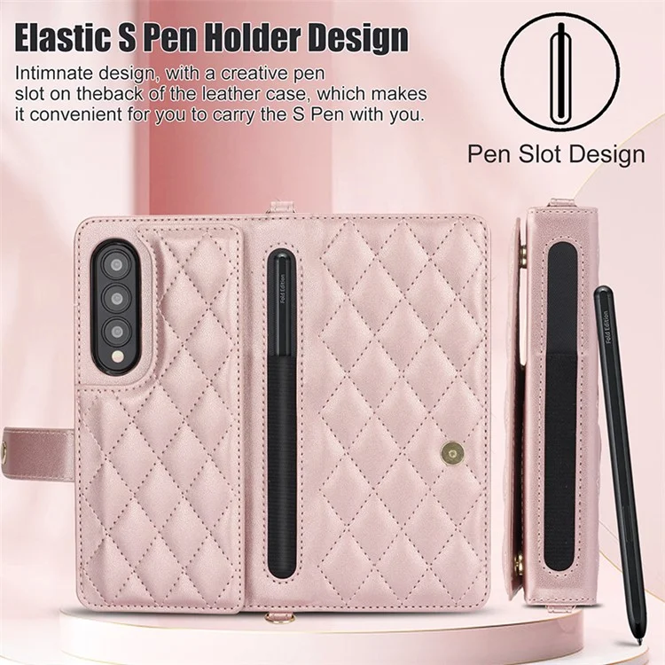 ZD 028 Shockproof Case for Samsung Galaxy Z Fold4 5G PC+PU Leather Wallet Phone Cover with Straps - Rose Gold