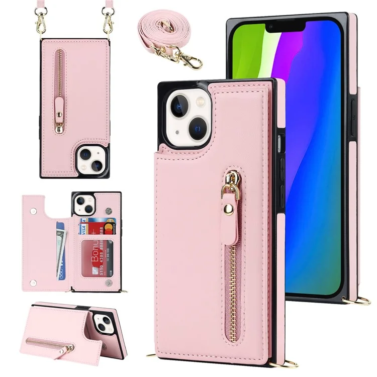 RFID Blocking Wallet Phone Case for iPhone 15 TPU+PU Kickstand Phone Cover with Shoulder Strap - Pink