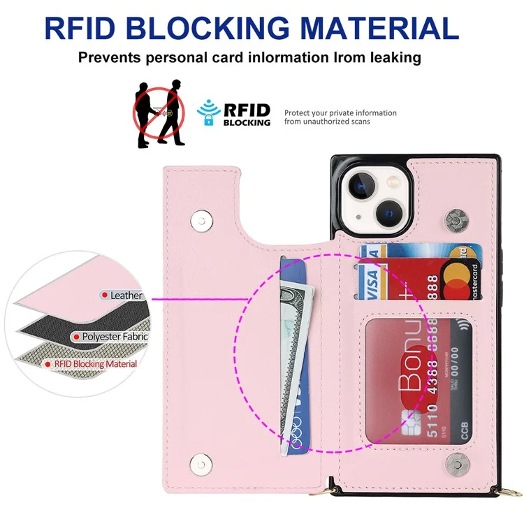 RFID Blocking Wallet Phone Case for iPhone 15 TPU+PU Kickstand Phone Cover with Shoulder Strap - Pink