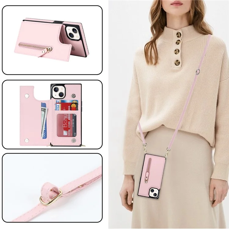 RFID Blocking Wallet Phone Case for iPhone 15 TPU+PU Kickstand Phone Cover with Shoulder Strap - Pink