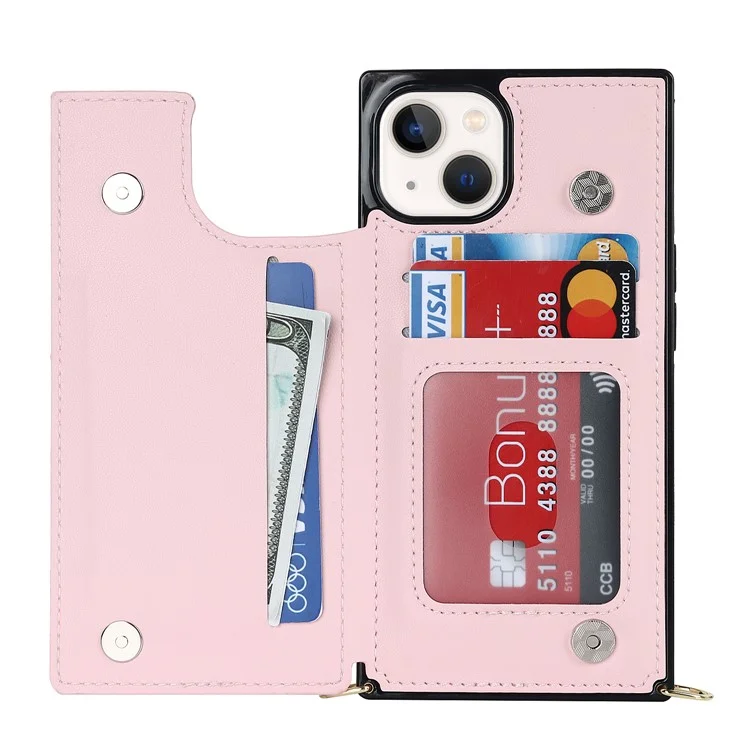 RFID Blocking Wallet Phone Case for iPhone 15 TPU+PU Kickstand Phone Cover with Shoulder Strap - Pink