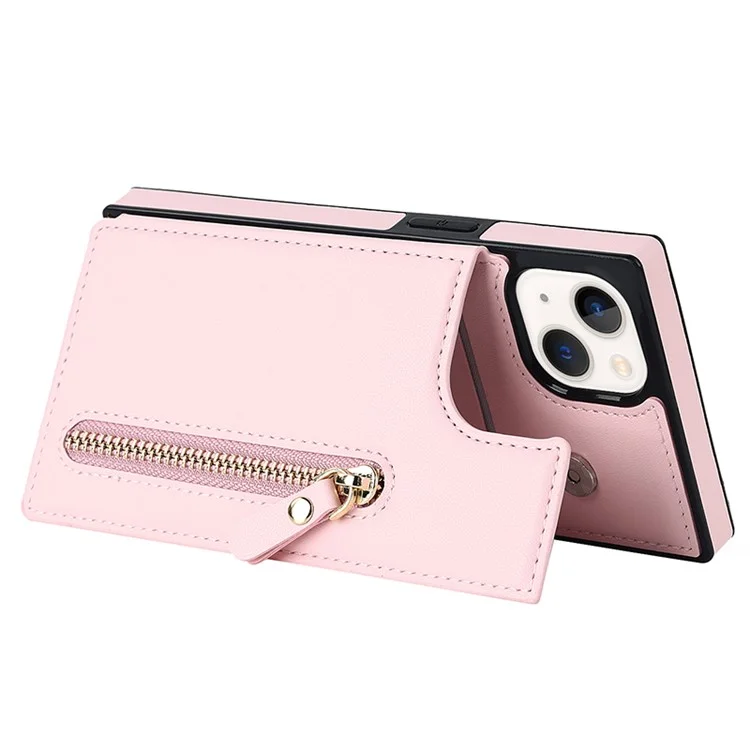 RFID Blocking Wallet Phone Case for iPhone 15 TPU+PU Kickstand Phone Cover with Shoulder Strap - Pink