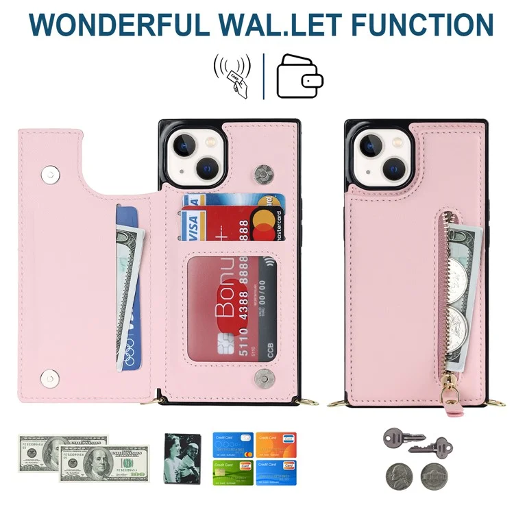 RFID Blocking Wallet Phone Case for iPhone 15 TPU+PU Kickstand Phone Cover with Shoulder Strap - Pink