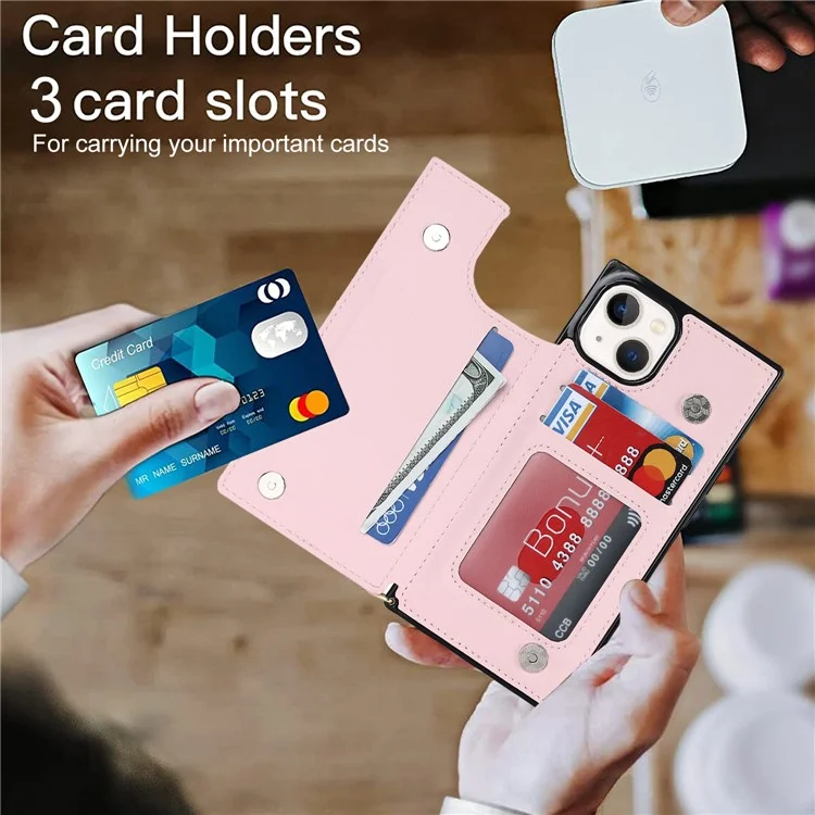 RFID Blocking Wallet Phone Case for iPhone 15 TPU+PU Kickstand Phone Cover with Shoulder Strap - Pink