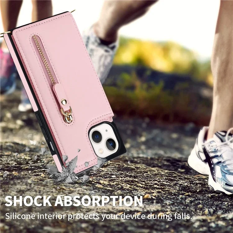 RFID Blocking Wallet Phone Case for iPhone 15 TPU+PU Kickstand Phone Cover with Shoulder Strap - Pink