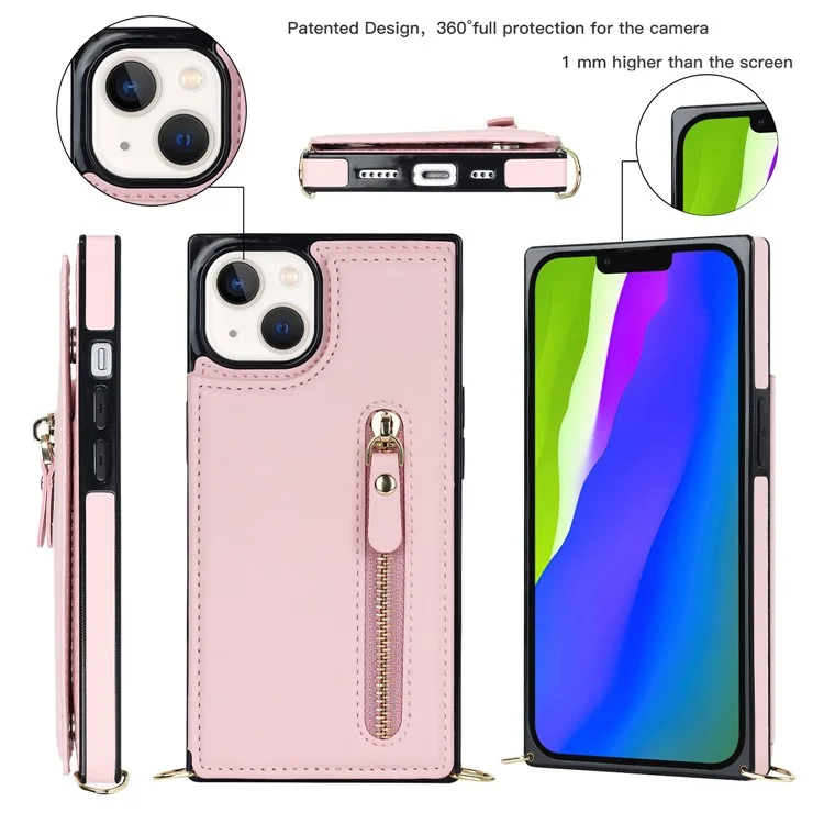 RFID Blocking Wallet Phone Case for iPhone 15 TPU+PU Kickstand Phone Cover with Shoulder Strap - Pink
