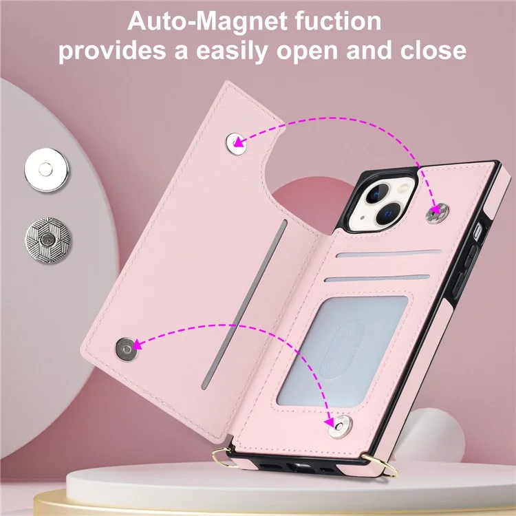 RFID Blocking Wallet Phone Case for iPhone 15 TPU+PU Kickstand Phone Cover with Shoulder Strap - Pink
