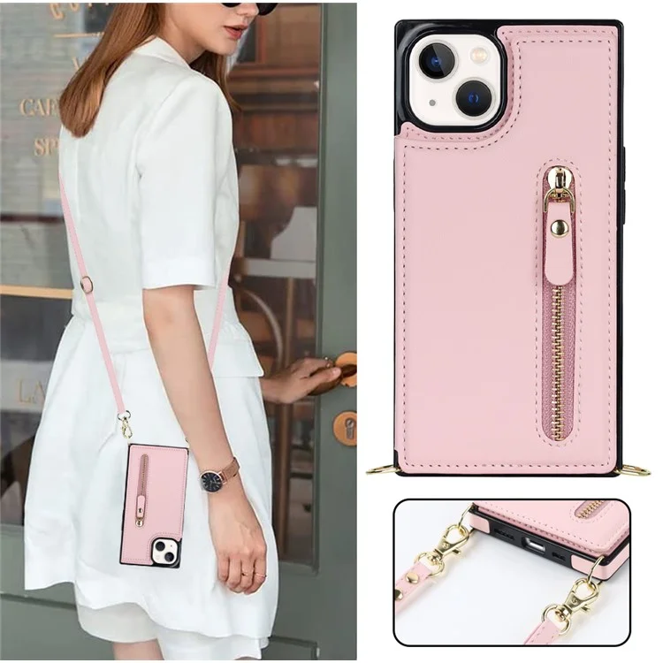 RFID Blocking Wallet Phone Case for iPhone 15 TPU+PU Kickstand Phone Cover with Shoulder Strap - Pink