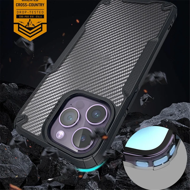 Voor iPhone 15 Hoesje Krasbestendig Vier Hoeken Schokabsorberend Koolstofvezelstructuur PC+TPU Telefoonhoesje