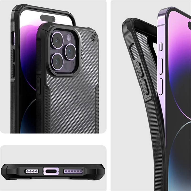 Voor iPhone 15 Hoesje Krasbestendig Vier Hoeken Schokabsorberend Koolstofvezelstructuur PC+TPU Telefoonhoesje