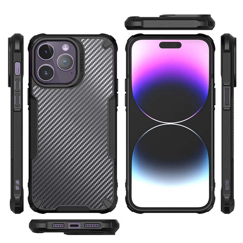 Voor iPhone 15 Hoesje Krasbestendig Vier Hoeken Schokabsorberend Koolstofvezelstructuur PC+TPU Telefoonhoesje