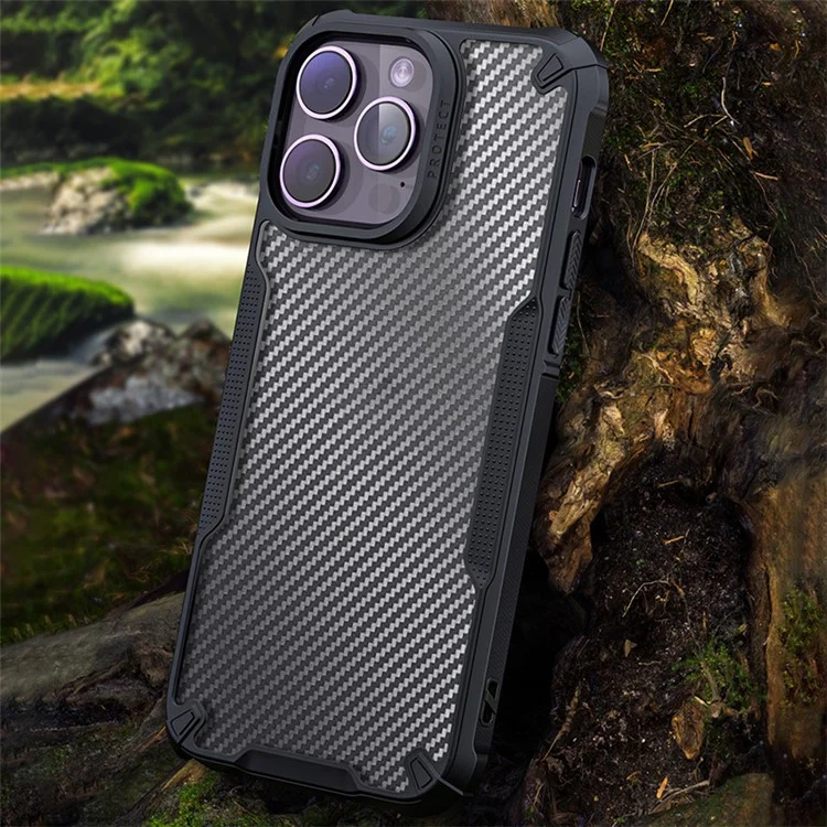 Для iPhone 15 Pro Max Four Corner Shock-absorbed Phone Case Anti-Scratch Carbon Fiber Texture PC+TPU Phone Cover