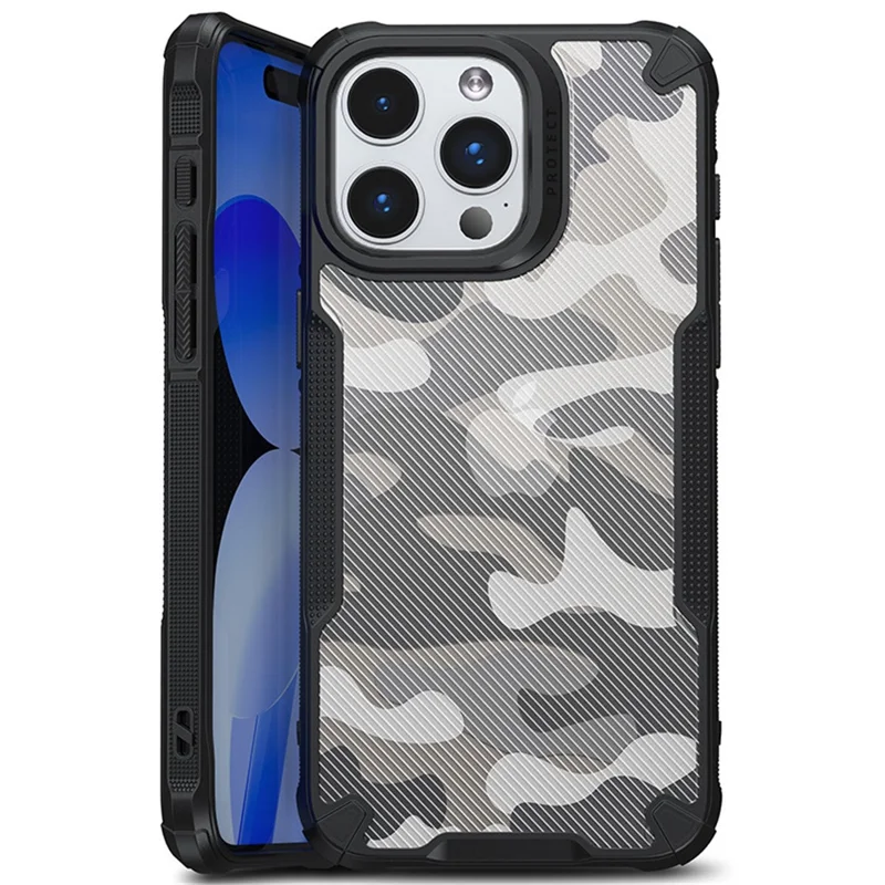 For iPhone 15 Pro Max Camouflage Phone Shell Shock-absorbed Case PC+TPU Phone Cover - Black