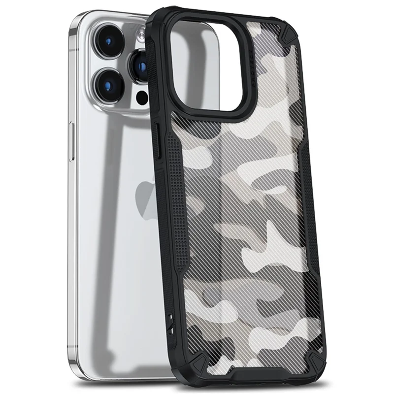 For iPhone 15 Pro Max Camouflage Phone Shell Shock-absorbed Case PC+TPU Phone Cover - Black