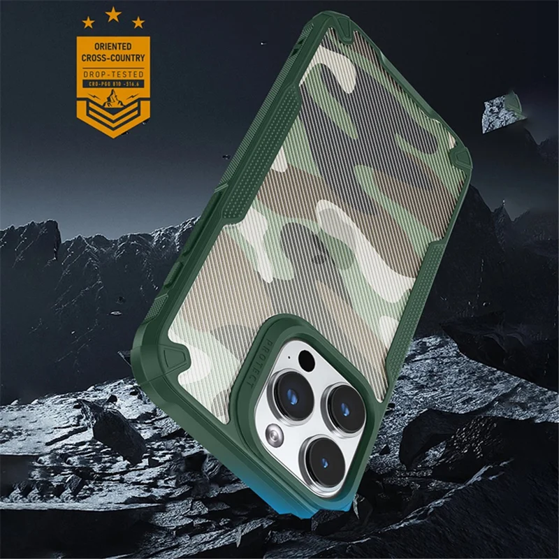 For iPhone 15 Pro Max Camouflage Phone Shell Shock-absorbed Case PC+TPU Phone Cover - Black