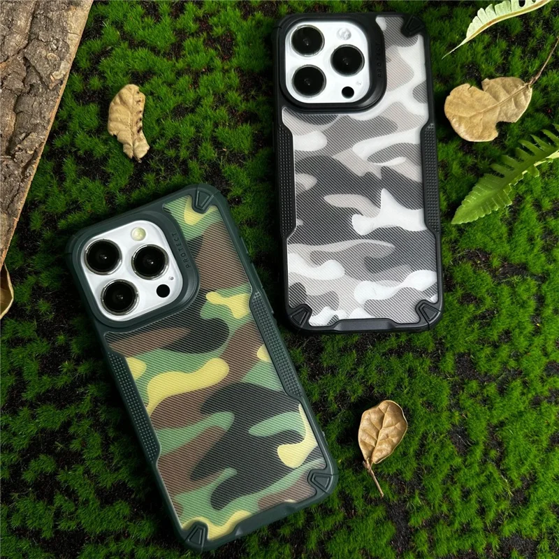 For iPhone 15 Pro Max Camouflage Phone Shell Shock-absorbed Case PC+TPU Phone Cover - Black