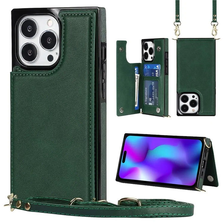 Per iPhone 15 Pro Kickstand Phone Case RFID Blocking Card Holder Protective Cover with Shoulder Strap - Verde