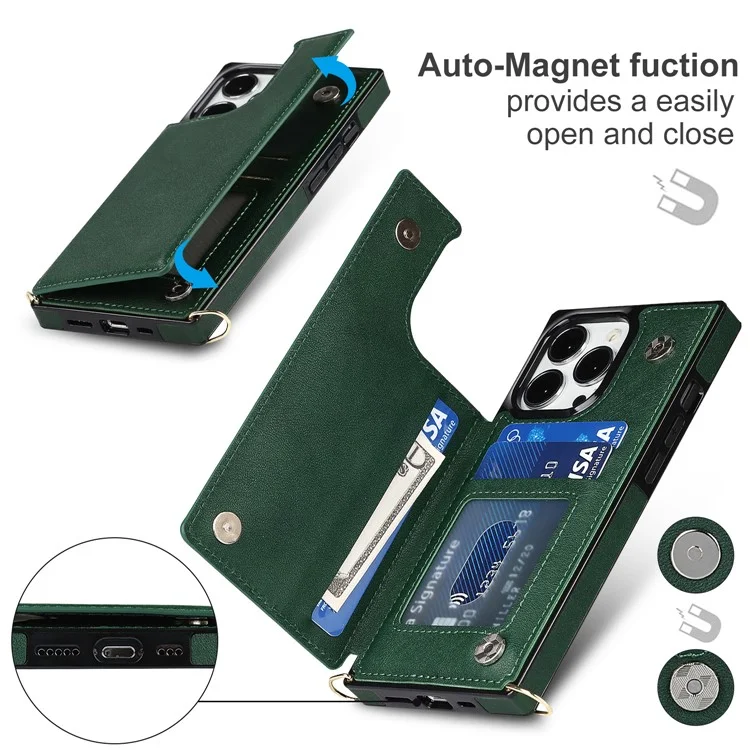 Per iPhone 15 Pro Kickstand Phone Case RFID Blocking Card Holder Protective Cover with Shoulder Strap - Verde