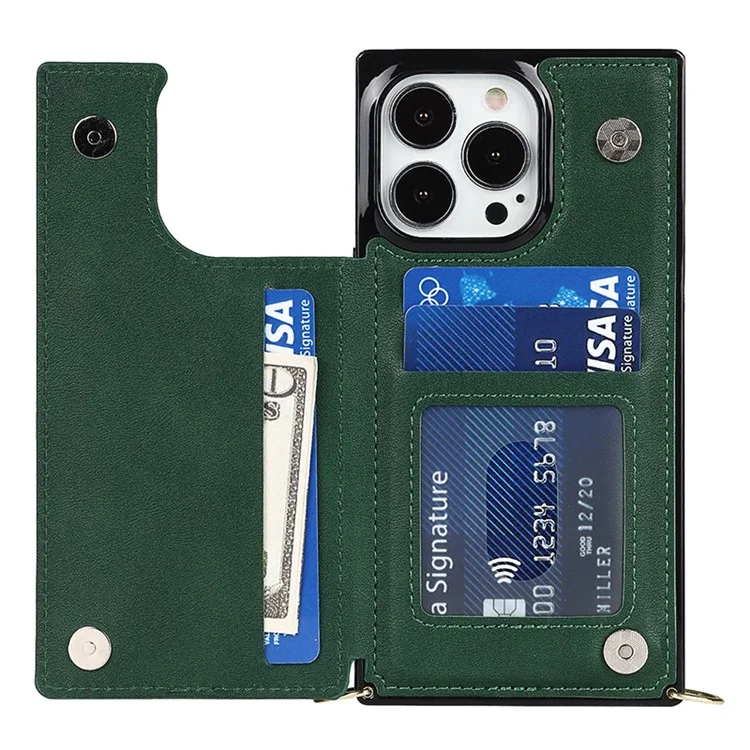 Per iPhone 15 Pro Kickstand Phone Case RFID Blocking Card Holder Protective Cover with Shoulder Strap - Verde