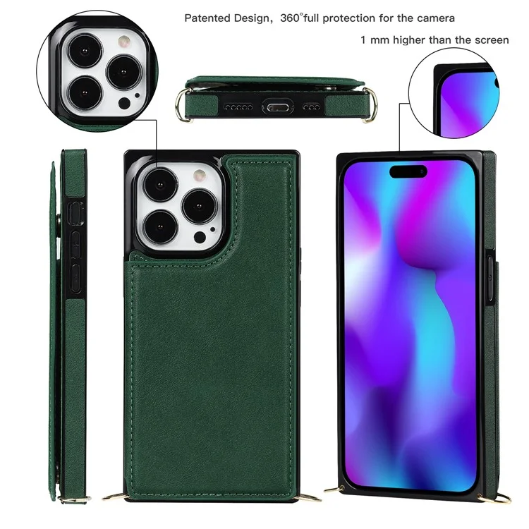 Per iPhone 15 Pro Kickstand Phone Case RFID Blocking Card Holder Protective Cover with Shoulder Strap - Verde