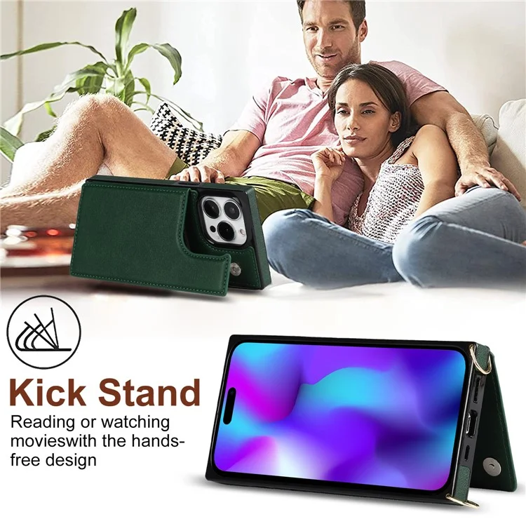 Per iPhone 15 Pro Kickstand Phone Case RFID Blocking Card Holder Protective Cover with Shoulder Strap - Verde