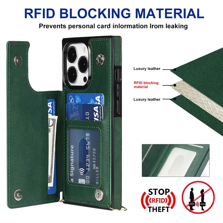 Per iPhone 15 Pro Kickstand Phone Case RFID Blocking Card Holder Protective Cover with Shoulder Strap - Verde