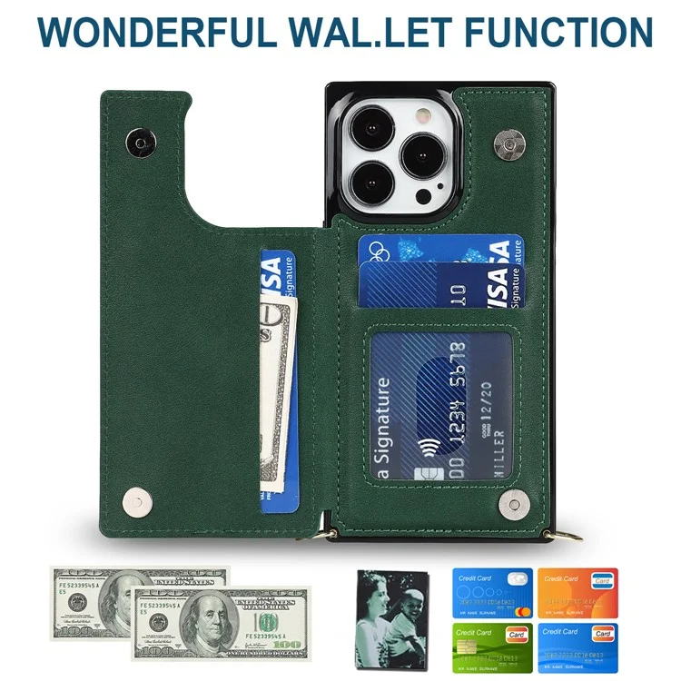 Per iPhone 15 Pro Kickstand Phone Case RFID Blocking Card Holder Protective Cover with Shoulder Strap - Verde