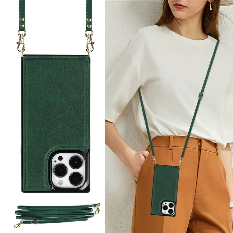 Per iPhone 15 Pro Kickstand Phone Case RFID Blocking Card Holder Protective Cover with Shoulder Strap - Verde