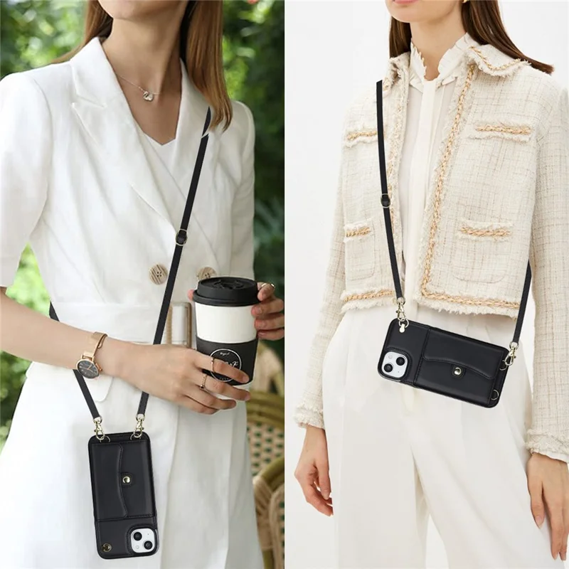 Phone Shell for iPhone 15 Plus , Card Slots PU Leather+TPU Phone Case Kickstand Cover with Short+Long Straps - Black