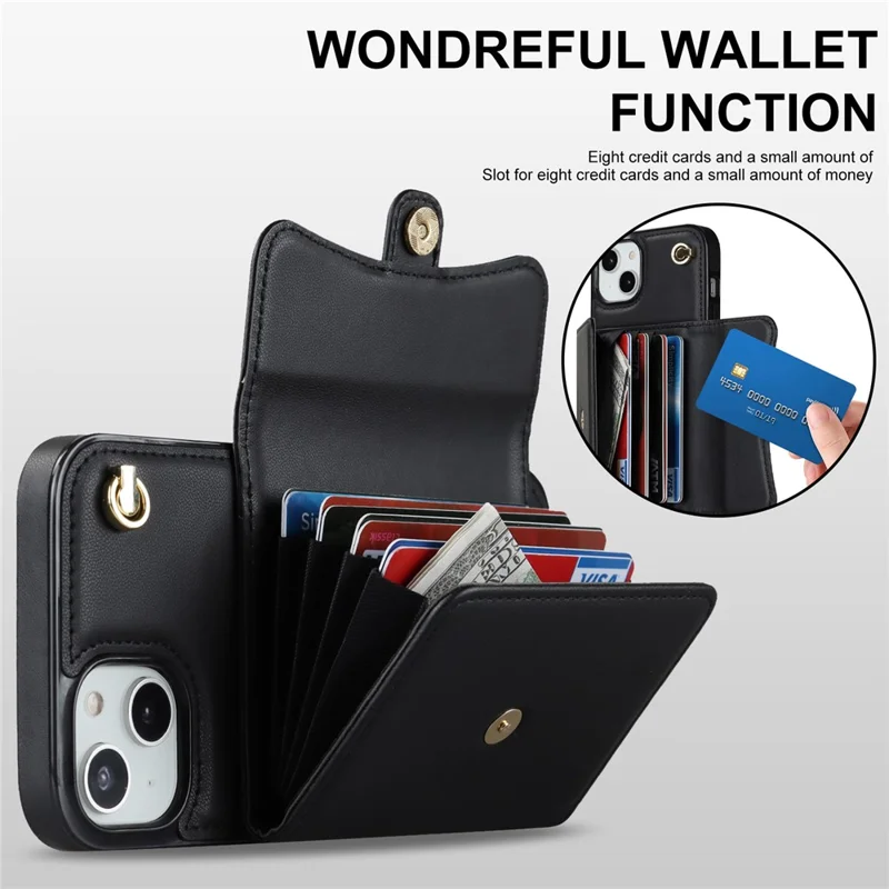 Phone Shell for iPhone 15 Plus , Card Slots PU Leather+TPU Phone Case Kickstand Cover with Short+Long Straps - Black