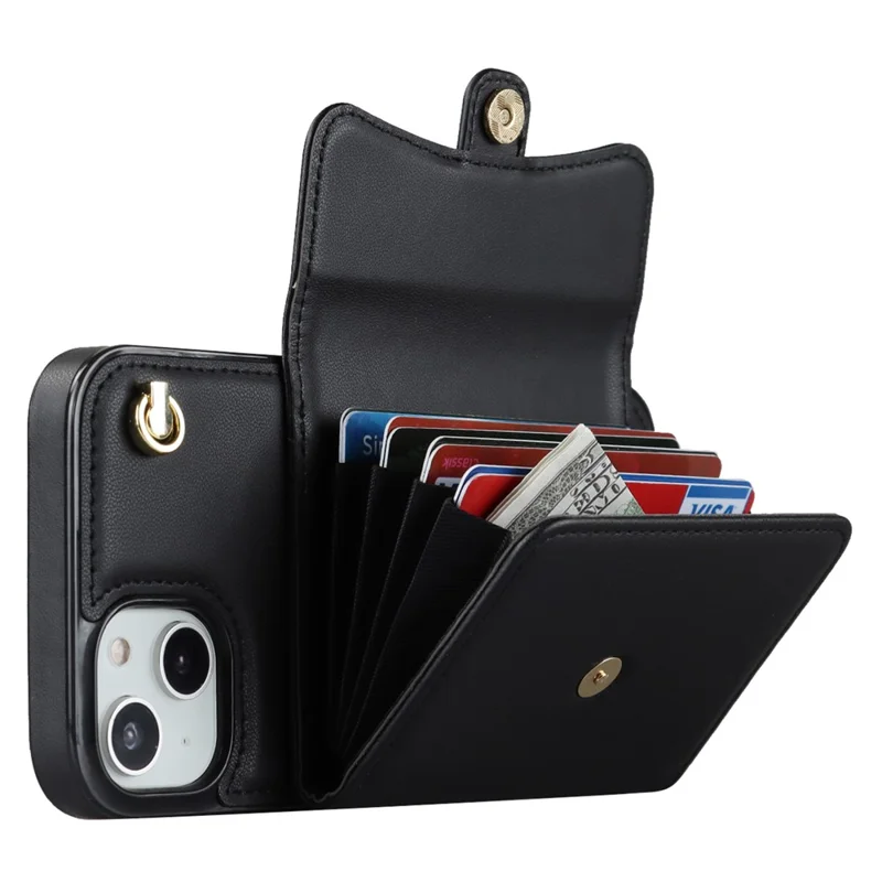 Phone Shell for iPhone 15 Plus , Card Slots PU Leather+TPU Phone Case Kickstand Cover with Short+Long Straps - Black