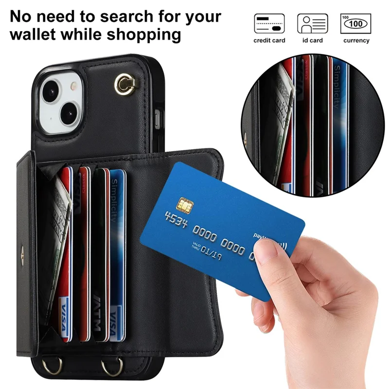Phone Shell for iPhone 15 Plus , Card Slots PU Leather+TPU Phone Case Kickstand Cover with Short+Long Straps - Black